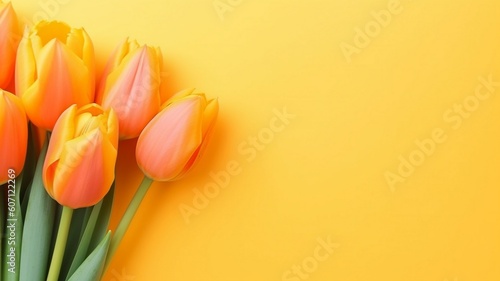 bouquet of yellow tulips on yellow background with copy space Generative AI