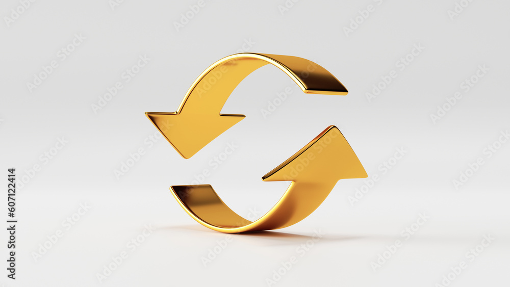 3d render, recycle symbol icon, abstract gold arrows isolated on white background. Metallic direction sign 3d render, recycle symbol icon, abstract gold arrows isolated on white background. Metallic direction sign