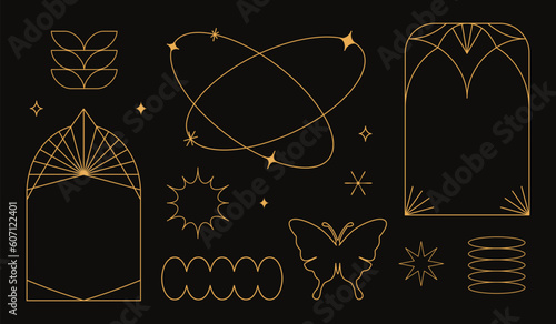 Vector set of linear minimalistic aesthetic frames, borders, geometric shapes with stars in boho and funky 2yk style. Rectangular, arch elements for social media, decoration, logo design template