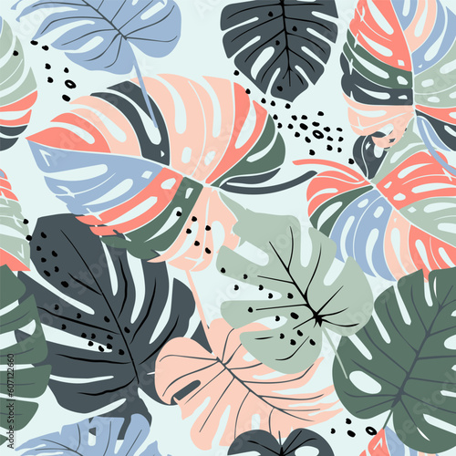 Monstera leaf seamless pattern, hand drawn botanical, spring and Summer time, green style, natural ornaments for textile, fabric, wallpaper, background.