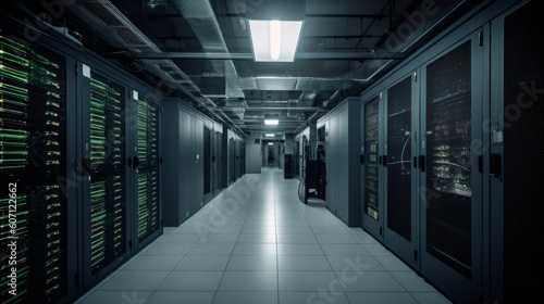 Large data center with powerful servers.	