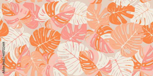 Monstera leaf seamless pattern, hand drawn botanical, spring and Summer time, green style, natural ornaments for textile, fabric, wallpaper, background.