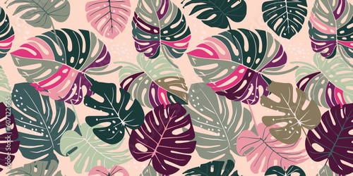 Monstera leaf seamless pattern, hand drawn botanical, spring and Summer time, green style, natural ornaments for textile, fabric, wallpaper, background.