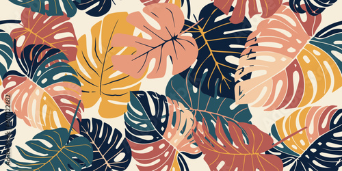Monstera leaf seamless pattern, hand drawn botanical, spring and Summer time, green style, natural ornaments for textile, fabric, wallpaper, background.