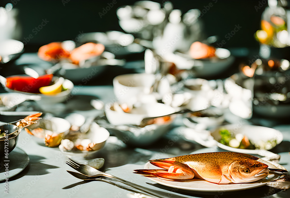 Fresh Mixed seafood on table, with a black background. Appetizing seafood on the table in a luxurious restaurant. Delicious fresh from the ocean gourmet dinner. Generative AI, illustration Fresh Mixed seafood on table, with a black background. Appetizing seafood on the table in a luxurious restaurant. Delicious fresh from the ocean gourmet dinner. Generative AI, illustration