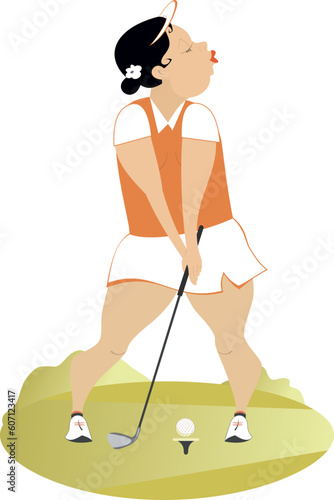 Golfer woman on the golf course. 
Pretty fat woman golfer woman aiming to do a good shot. Isolated on white background
