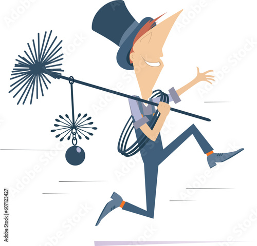 Cartoon chimney sweeper illustration. 
Funny running chimney sweeper in the top hat holding chimney brushes. Isolated on white background
