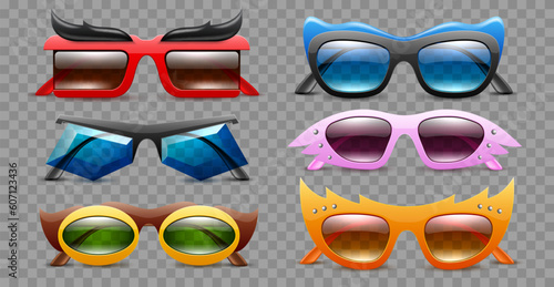 Carnival sunglasses. Realistic decorative party glasses, masquerade carnival accessories collection, different shapes, colors frames, fun fashion trendy 3d isolated elements, utter vector set