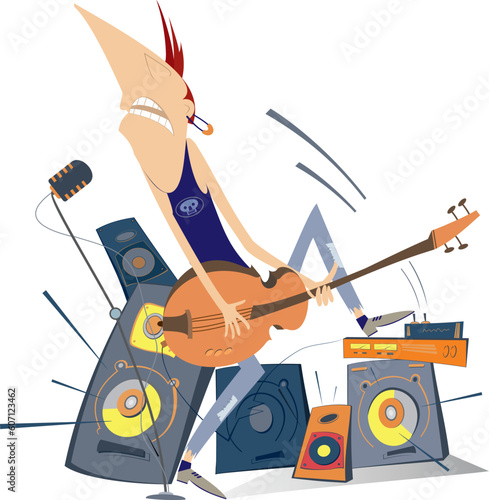 Cartoon singing guitar player. 
Funny guitarist plays electric guitar and sings to microphone using amplifier and several speakers. Isolated on white background
