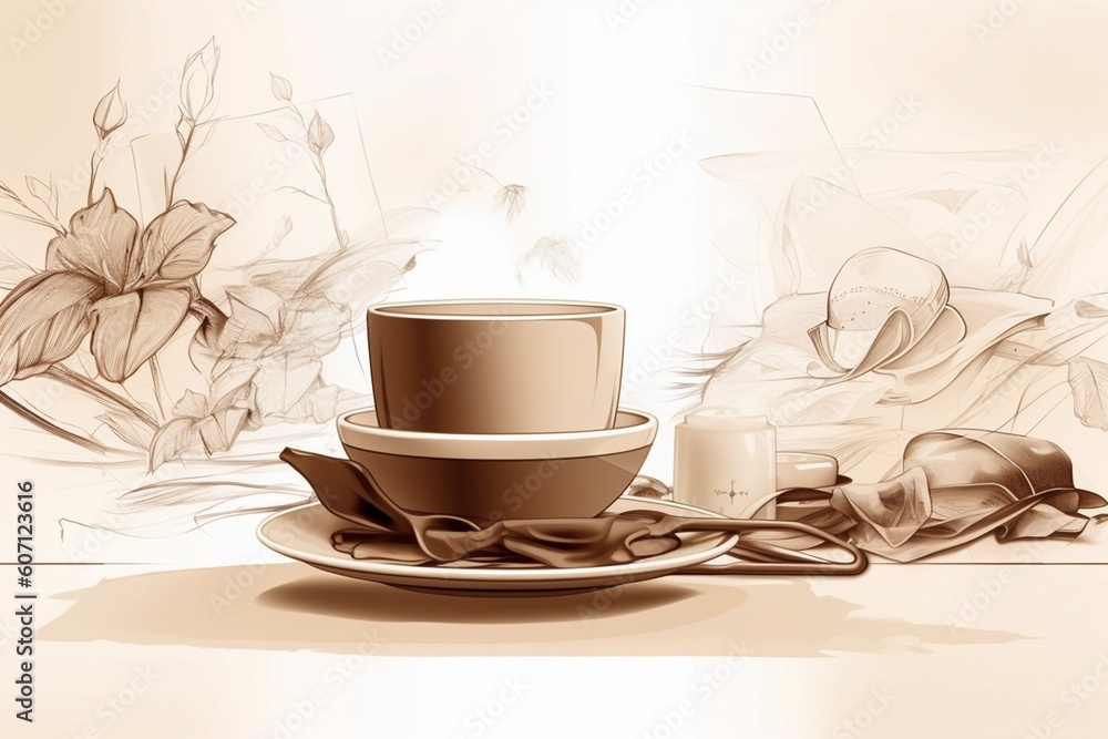 Coffee still life illustration, drawing in sepia color, on a white background Coffee still life illustration, drawing in sepia color, on a white background