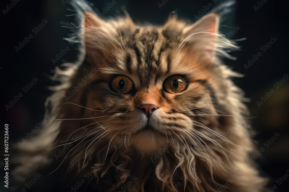 portrait of fluffy serious cat