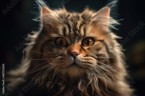 portrait of fluffy serious cat