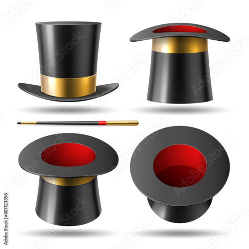 Magician hat and wand. 3d illusionist black cylinder, different angles cap, circus focus accessories. Realistic mystical tricks equipment, wizard performance isolated element, utter vector set
