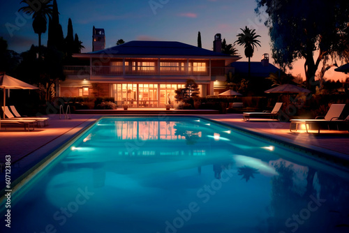 Swimming pool at night in luxury hotel resort. Luxury vacation concept.AI Generated  © Kateryna