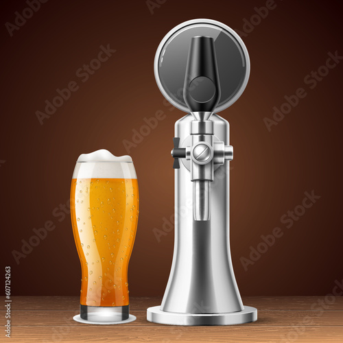Realistic beer tap and tower. Alcoholic drink equipment, beerkeeper elements, glass with beverage. Full mug with foam alcohol drink. Pub or bar 3d isolated dispenser, utter vector concept