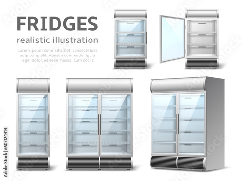 Realistic fridges. Industrial and store empty refrigerators for beverages, metal lattice shelves and glass swing doors, open and closed, 3d isolated elements, utter vector set