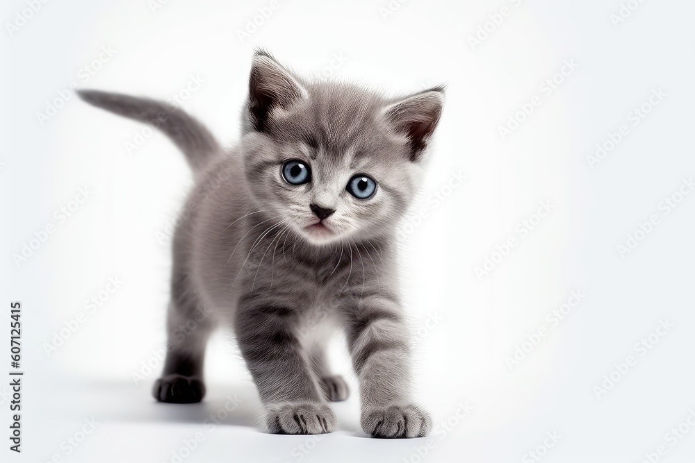 cute fluffy gray kitten on white background
