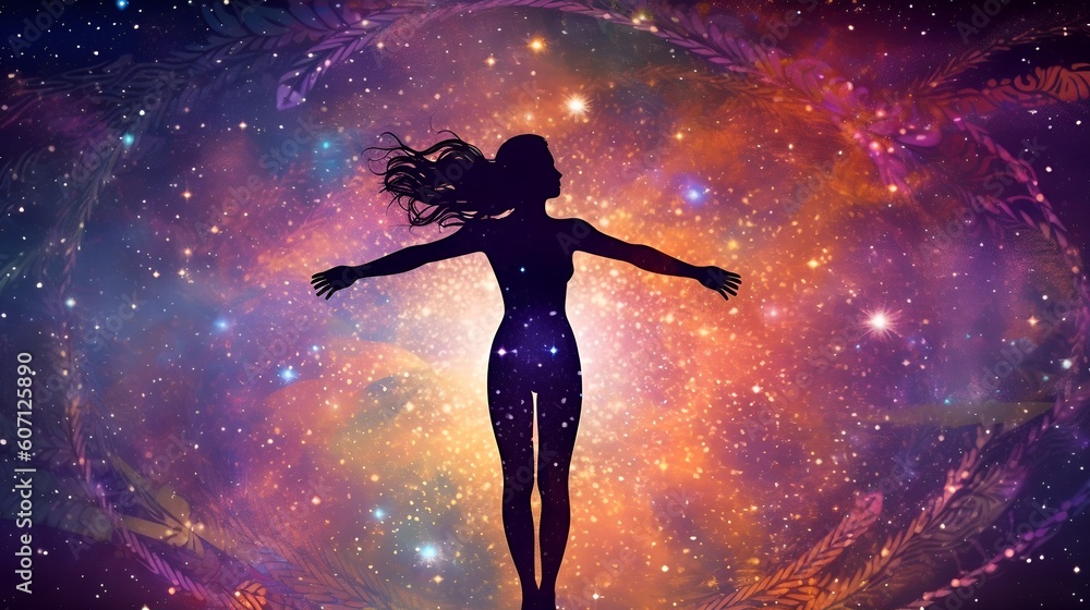Silhouetted female standing in front of a colourful galaxy full of stars, her arms outstretched, head facing to the right, her hair blowing in the wind