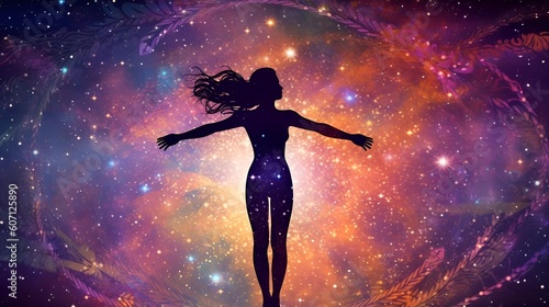 Silhouetted female standing in front of a colourful galaxy full of stars, her arms outstretched, head facing to the right, her hair blowing in the wind © Ed Sheerart
