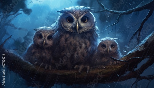 A beautiful family of owls sits on a branch on a rainy night. Generative AI