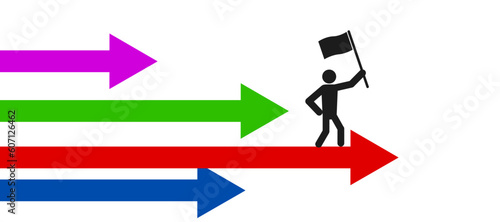 Concept of leadership qualities, a pioneer man with a flag in his hands moves forward on arrows setting an example to others, achieving professional success in business or career – stock vector