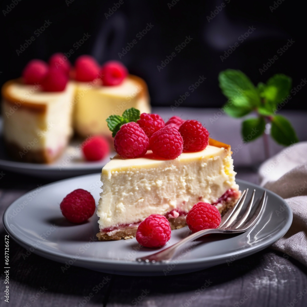 Cheesecake with raspberries and berry sauce on plate, closeup view, Slice of cheesecake. Generative AI Cheesecake with raspberries and berry sauce on plate, closeup view, Slice of cheesecake. Generative AI