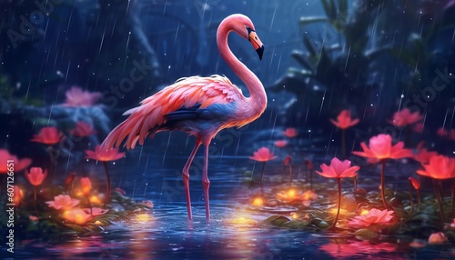 Pink flamingos on a blooming pond. Beautiful birds on the lotus lake. Created with AI.