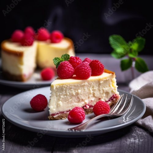 Cheesecake with raspberries and berry sauce on plate, closeup view,  Slice of cheesecake. Generative AI
