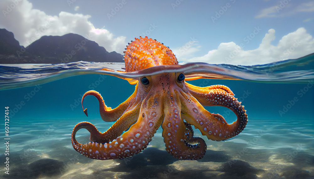 Endangered Octopus cruises in the warm water under sea Ai generated