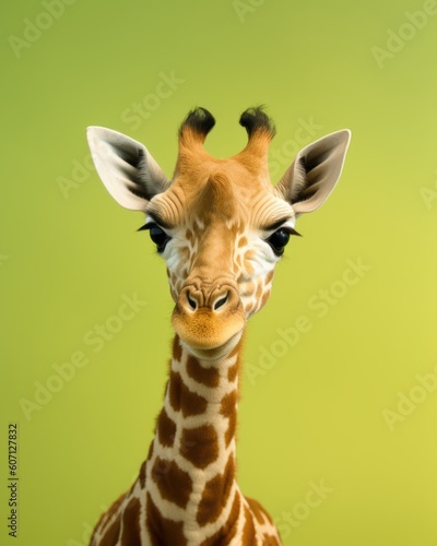 A portrait of an infant giraffe on a green background, an illustration of adorable wild animals, ideal use for banner, advertisement, poster, children's book, wallpaper, decorative