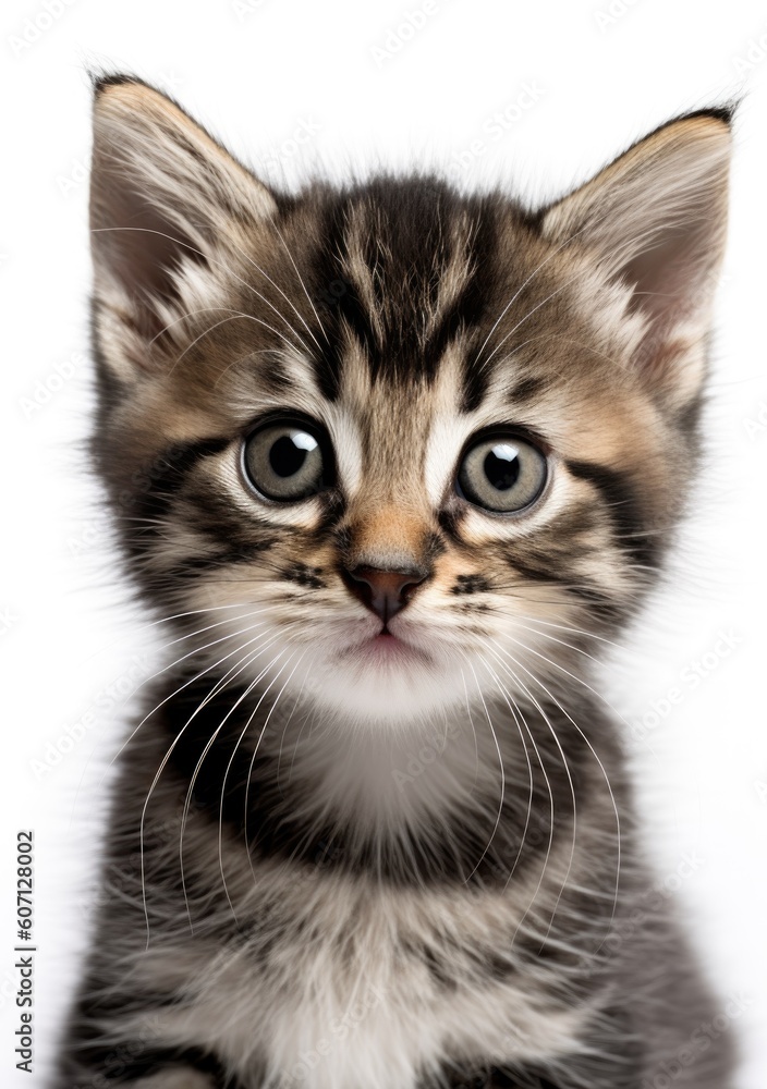 Closeup portrait of a young cute cat kitten, adorable and innocent looking into camera in studio shots