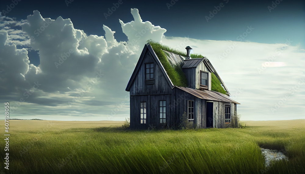 House with a tin roof in middle of a green grass Ai generated image House with a tin roof in middle of a green grass Ai generated image