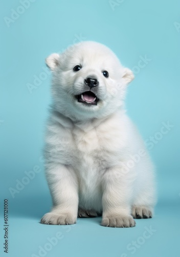 Closeup portrait of a young and cute polar bear on blue background in studio shots