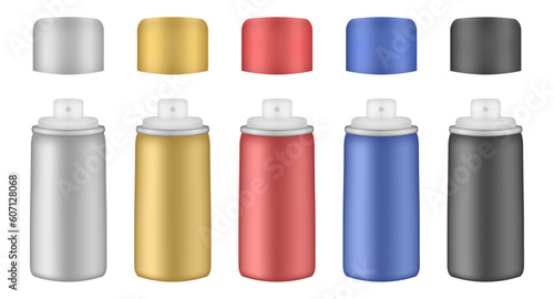 Aluminium tube for hairspray, air freshener container, thermal water spray bottle. Silver, gold, red, blue and black bottles. Realistic cosmetic mockup of aerosol deodorant or dry shampoo