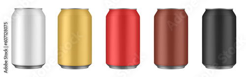 Set of white, gold, red, brown and black tin cans of energy drink, juice or soda. Cocktail of fitness drink. Cold beverages
