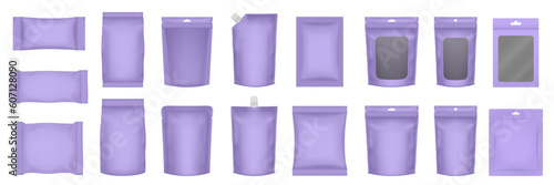 Set of realistic pouch mockups. Purple flow pack, sachet, zip bag and doypack. Ice cream wrapper. Sheet mask sachet. Soap or wet wipes packaging.