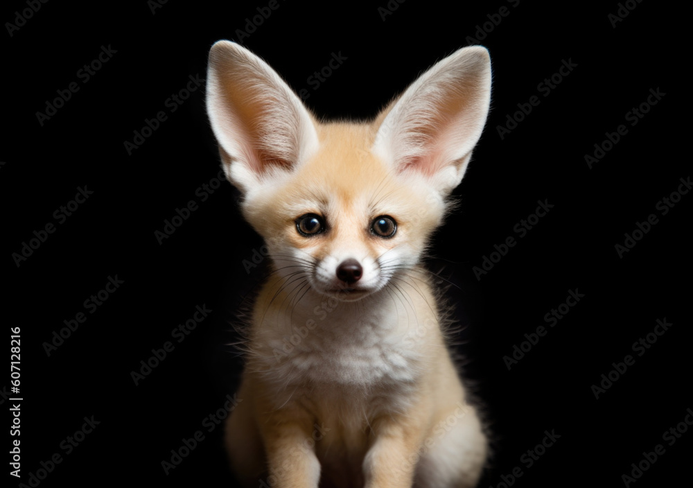 Portrait of young fennec fox isolated on dark background, an illustration of small wild animals.
