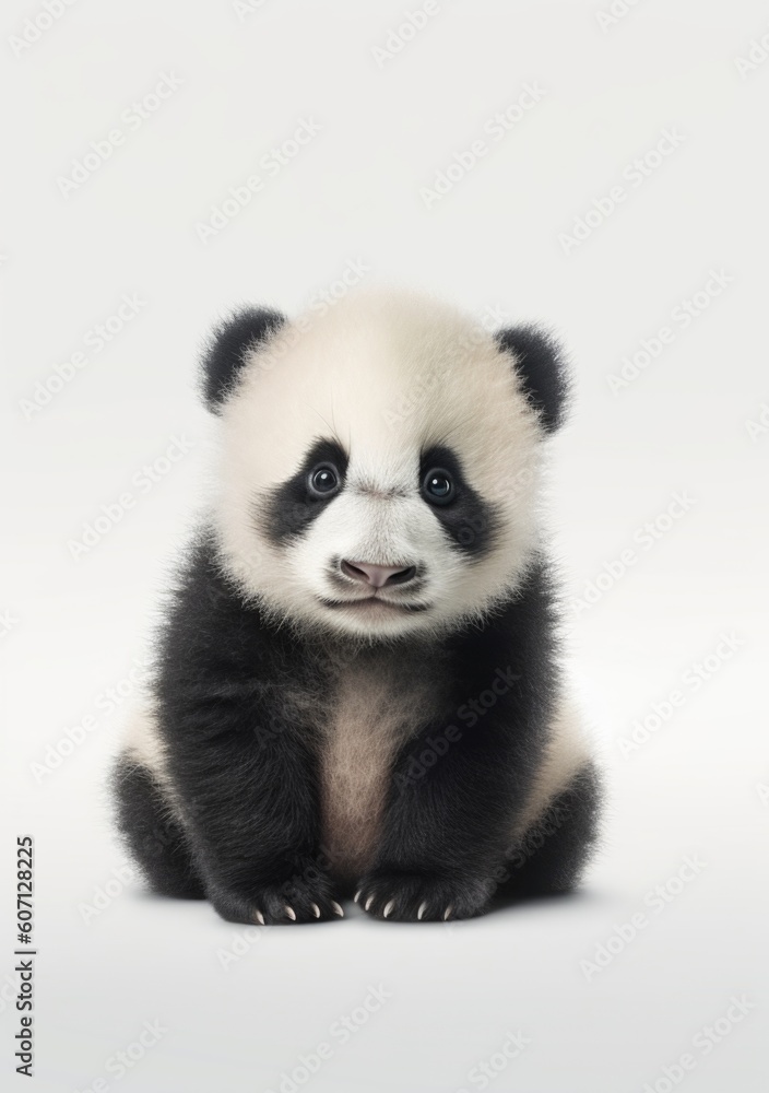 Naklejka premium Portrait of a cute, young panda sitting on the floor against white background