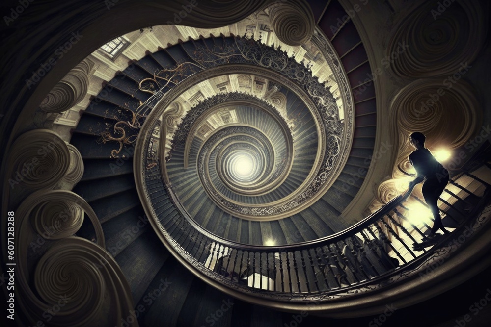 Conceptual image of a man climbing a spiral staircase in a dream