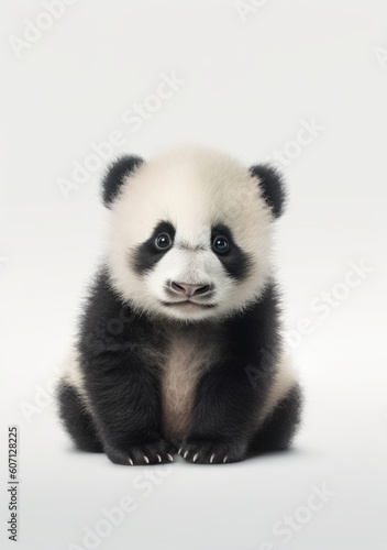 Portrait of a cute, young panda sitting on the floor against white background