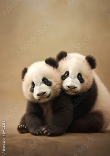 Portrait of two young and adorable panda cuddle together, poses in front of camera, an illustration of animal protection, conservation concept. © TKL