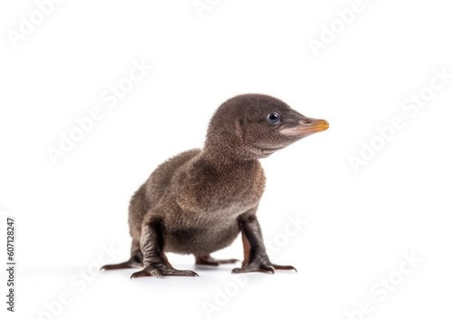 Side profile of young duck-billed platypus baby, on white background, concept of education materials, wallpaper, calendar, children's book