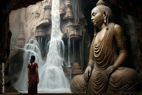 Buddha statue in a cave next to a woman and a waterfall