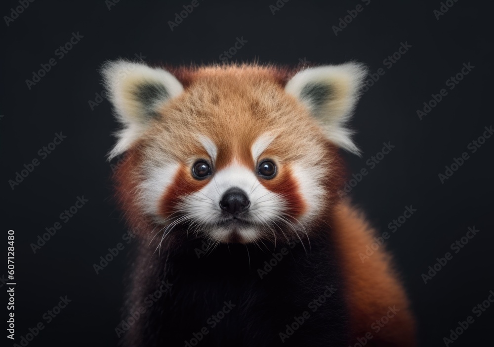 Portrait of Red panda baby with dark background. The lesser panda are impressive acrobats that climb and swing on trees. Portrait of Red panda baby with dark background. The lesser panda are impressive acrobats that climb and swing on trees.