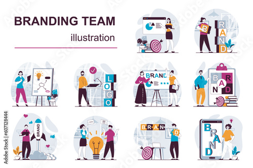 Branding team concept with character situations mega set. Bundle of scenes people launch brand, create logo and identity, making marketing promotional campaign. Vector illustrations in flat web design