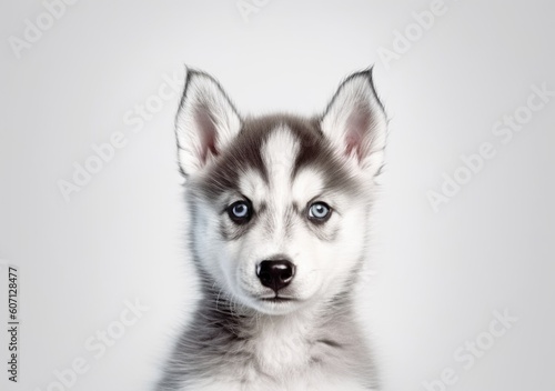 Portrait of small cute young Siberian Husky baby with white background