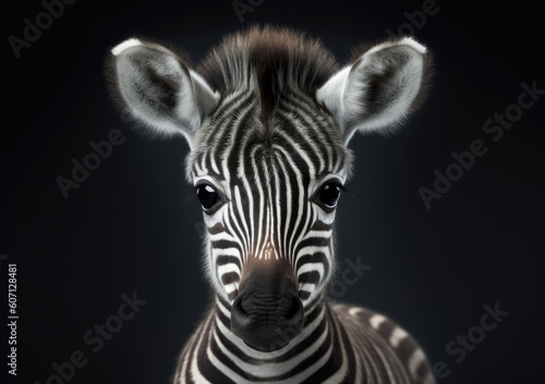 Portrait of beautiful  cute young Zebra baby on dark background  Save the animals illustration  environment protection  endangered animals awareness.
