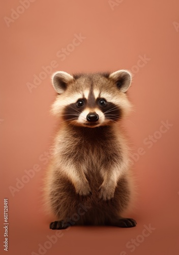 Adorable, cute young raccoon with brown background