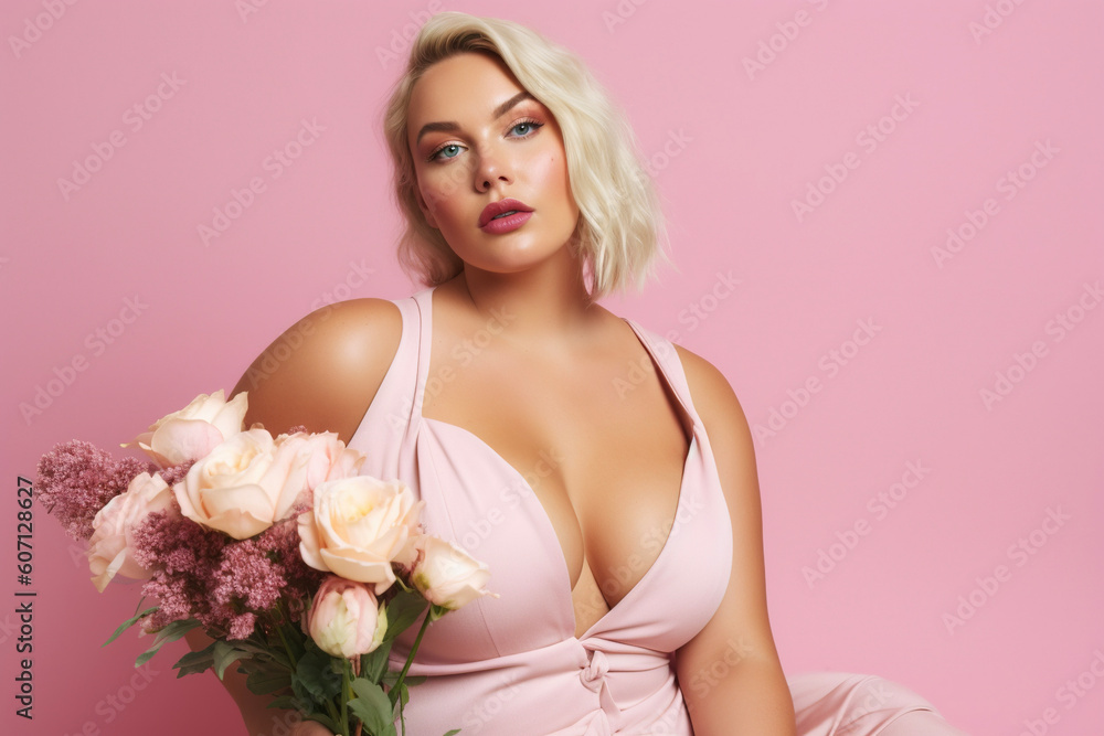 Portrait of a beautiful plus size model in a pink dress. AI