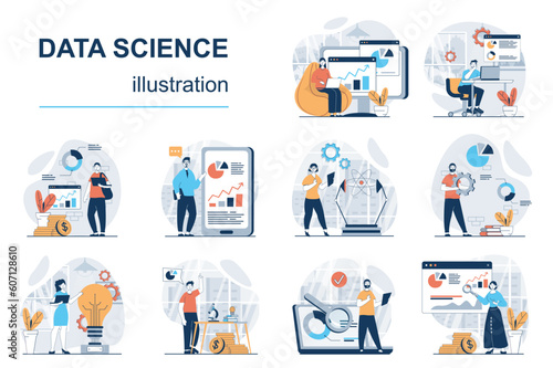 Data science concept with character situations mega set. Bundle of scenes people, making science research, working with datum charts, searching information. Vector illustrations in flat web design